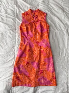 Vintage Lilly Pulitzer Sneaky Tiki Floral Dress 2 Pink Orange Tropical Lined 90s